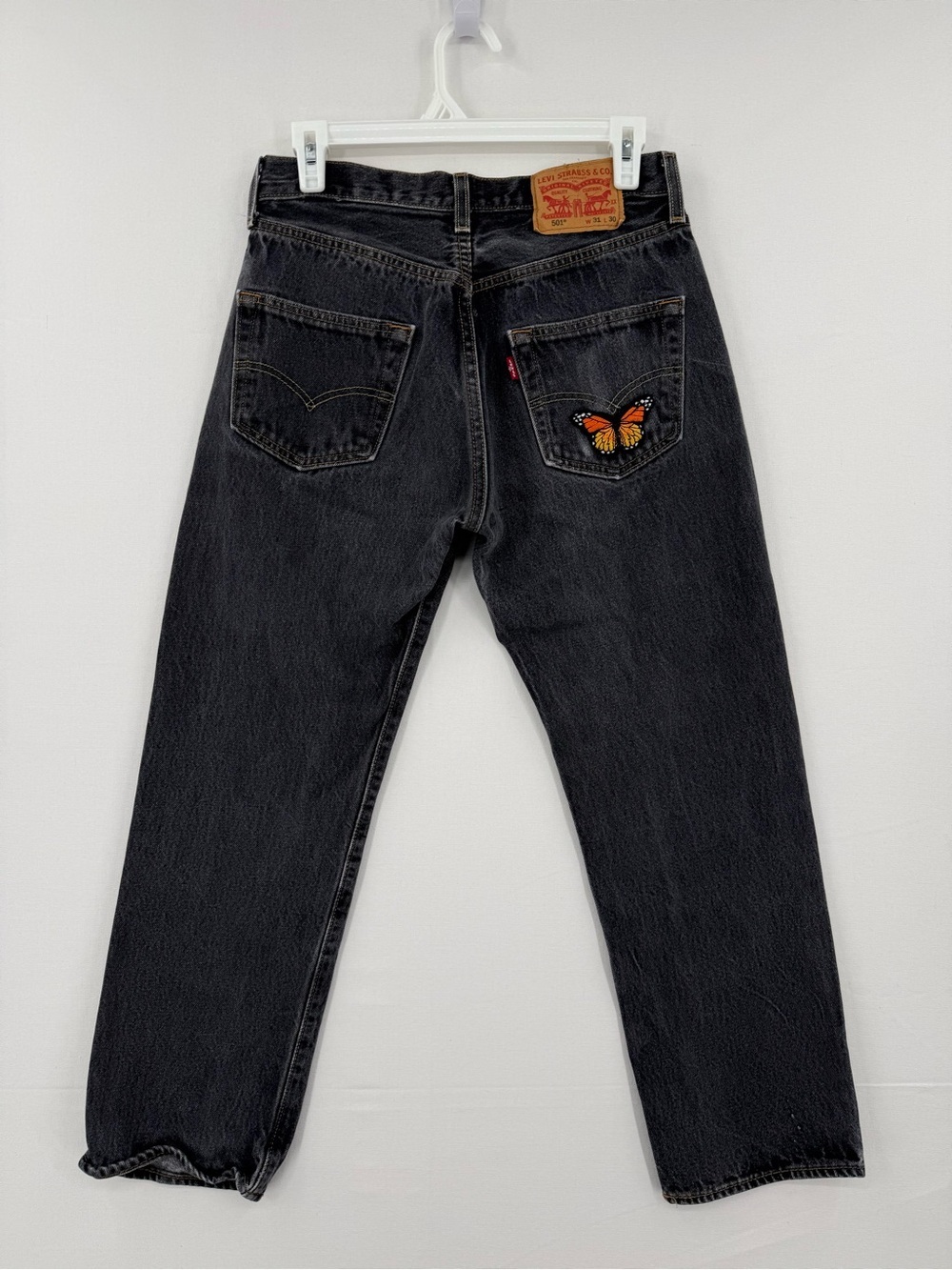 Levi’s 501 Original Fit Jeans W31 L30 Black Wash Butterfly Patch Straight Leg